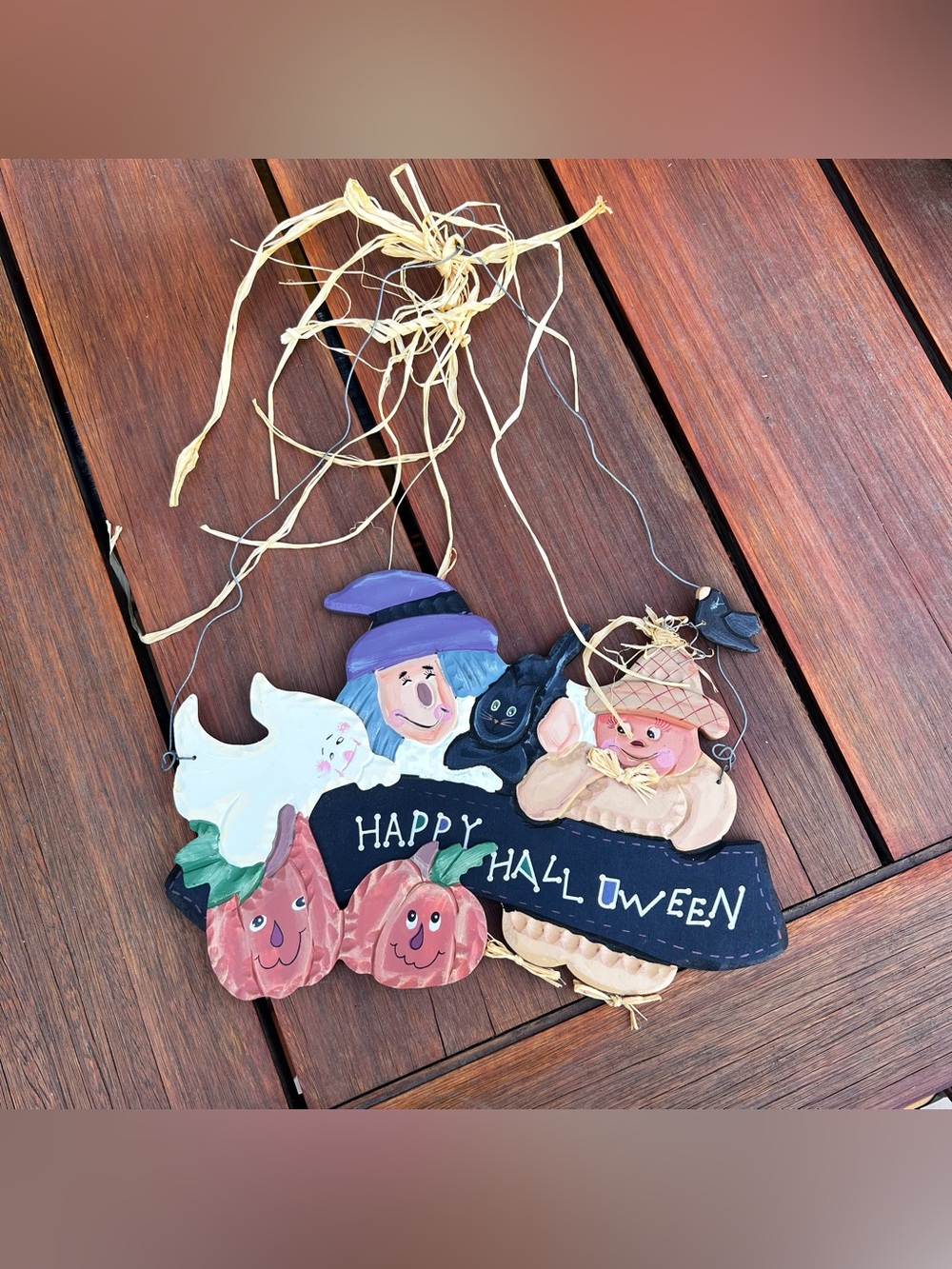 Vintage Happy Halloween Wooden Carved Hand Painted Sign Rustic Wall Plaque